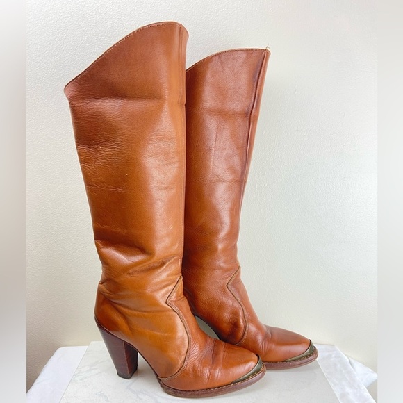 Vintage Zodiac Western-Style Leather Tall Boots – Brown Block Heel